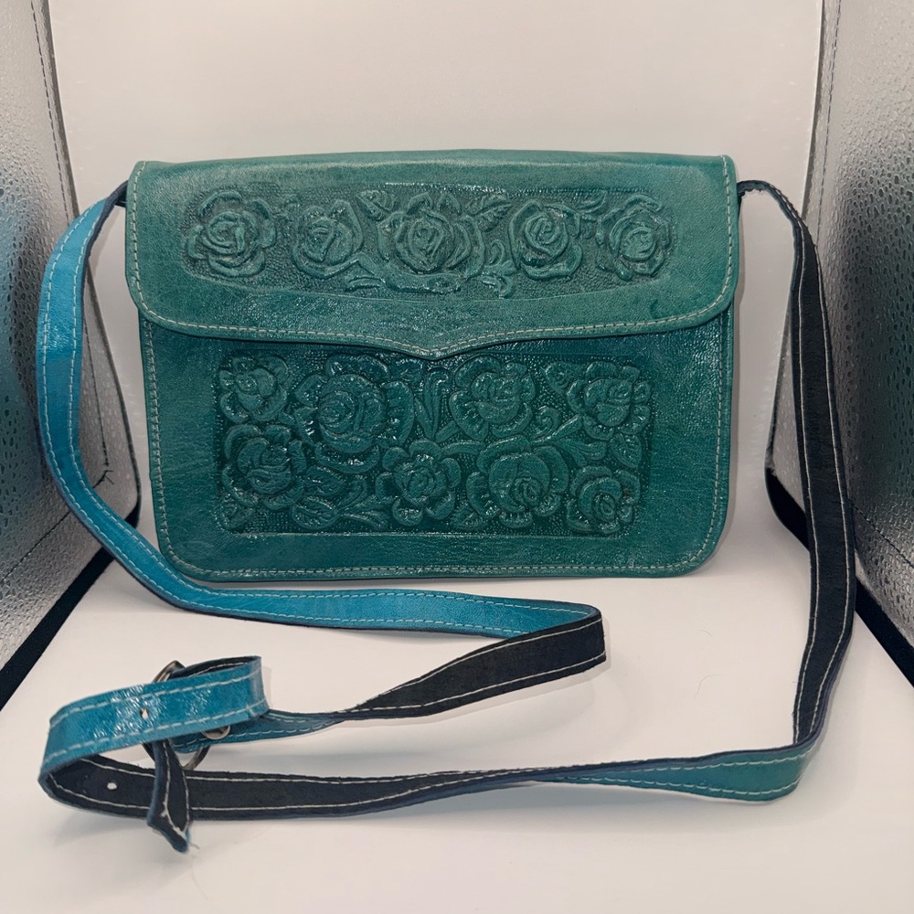 Handmade Tooled Leather Crossbody Bag Floral‎ Teal Green